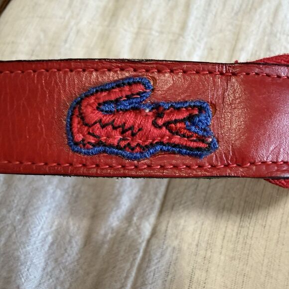 VINTAGE 80s Lacoste Belt Men Size 36 Red Leather Cotton Elastic Stretch Preppy - Picture 5 of 16